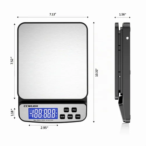 Vista 7 de Báscula digital de envío de 110 libras x 0.1 onzas con función de mantenimiento/contaje/tara, plataforma de acero inoxidable, pequeña báscula