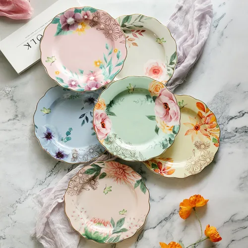Vista 3 de BTAT - Juego de platos florales de porcelana, paquete de 6, 8 pulgadas Royal Dessert Appetizer Salad Plates Floral Design Small Dinner Plates