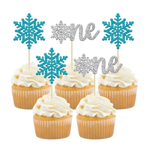 Vista 31 de Gyufise 24 piezas de copos de nieve Oh Baby Cupcake Toppers Glitter Winter Frozen Baby Shower Cupcake Picks para invierno, país de las maravillas