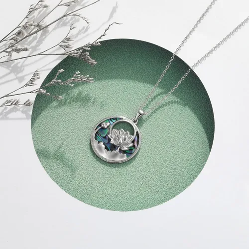 Vista 3 de DAYLINLOVE Collar de loto de plata de ley 925 con colgante de flor de loto abierto puro, collar de abulón, joyería para mujeres, amantes del yoga