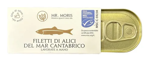 Vista 7 de Mr. Moris® Filetes de anchoa del mar Cantábrico en aceite de oliva Filetes de anchoas hechos a mano Kosher Certificado MSC para pesca