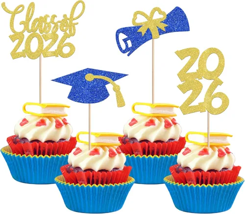 Vista 27 de 24 piezas 2026 temáticas de graduación 2026 decoraciones para cupcakes con purpurina clase de 2026 Diploma Congrats 2026 Tapa de graduación