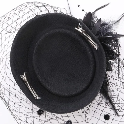 Vista 4 de NYTAZAJIX Tocado con plumas y flores, sombrero de pastillero de los años 50, velo de cóctel, fiesta de té, boda, con clips para mujer