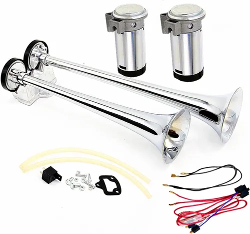 Vista 7 de Bocina de aire del coche 165DB tono alto y bajo 24 V doble tubo trompeta camión plata cromo zinc auto con dos bombas de compresor para barco