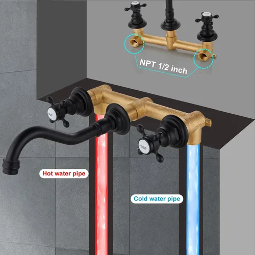 Vista 2 de Midanya Grifo de fregadero de baño extendido para montaje en pared, 3 agujeros, 2 pomos cruzados, latón lavabo mezclador, boquilla mezcladora, doble