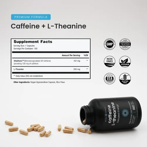 Vista 3 de Píldoras de cafeína con L-teanina – 180 píldoras energéticas para mujeres y hombres – Energía enfocada limpia y duradera – Liberación sostenida