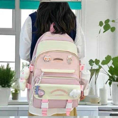 Vista 9 de MAVERY 5 piezas lindo Kawaii mochila conjunto de regreso a la escuela papelería bolsa mochila Tote adolescente bolsa portátil, Rosado (Pink 3)