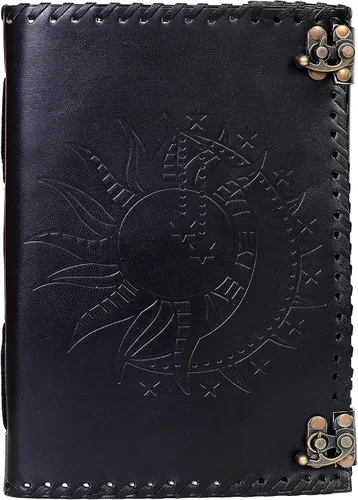 Vista 2 de Diario en relieve de Sun & Moon, diario de 240 páginas, diario vintage, diario Sun Moon, cuaderno de bocetos de cuero, cuaderno de cuero, diario
