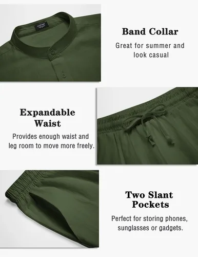 Vista 5 de COOFANDY Conjuntos de lino para hombre, 2 piezas, camisa de manga larga y pantalones cortos casuales con cordón en la cintura, trajes de verano
