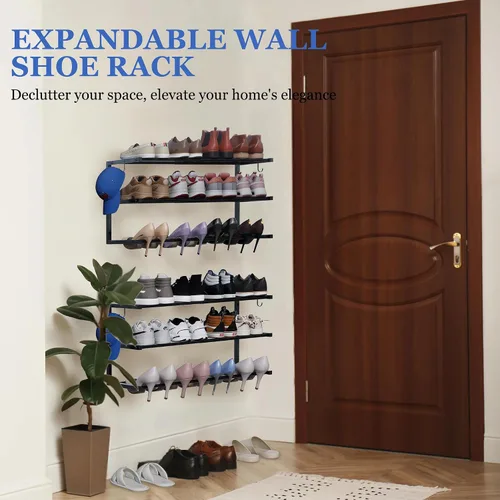 Vista 4 de Zapatero para montar en la pared, zapatero colgante de 3 niveles con capacidad para 12 pares, organizador de zapatos de metal resistente ajustable