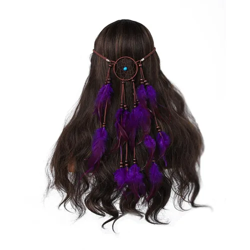Vista 5 de Gangel Diadema de plumas turquesas, tocado indio gitano, atrapasueños, hippie, plumas, con plumas moradas, cuerda de cáñamo larga con borla