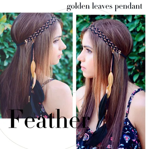Vista 3 de Gangel Diadema bohemia hippie gitana con borlas de plumas, banda elástica de cuerda de cáñamo de hoja dorada, para disfraz de Halloween, carnaval