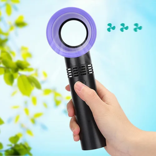 Vista 3 de Mini ventilador de mano sin aspas, mini ventilador de escritorio USB portátil, 3 velocidades, funciona con batería recargable por USB, reduce