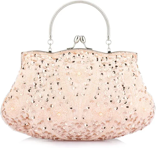 Vista 10 de Simcat - Bolso de mano grande tipo clutch con lentejuelas y cuentas florales de noche Dorado