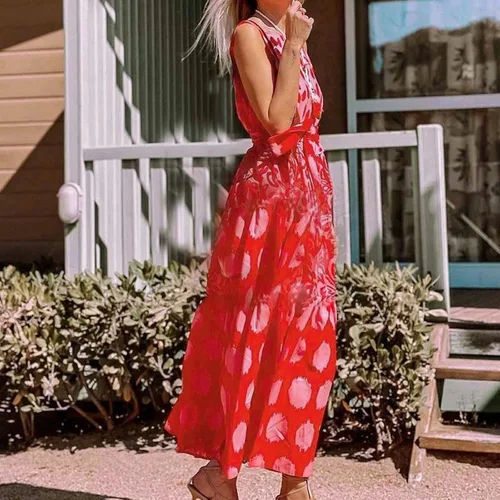 Vista 3 de Fragarn Summer Maxi Dress for Women, Fashion Women's Dot Print Sleeveless Casual Round Neck Maxi Dress