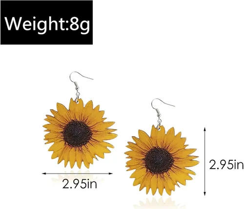 Vista 6 de Aretes colgantes con diseño de margarita de girasol amarillo y margarita con diseño de bandera estadounidense, aretes colgantes de madera