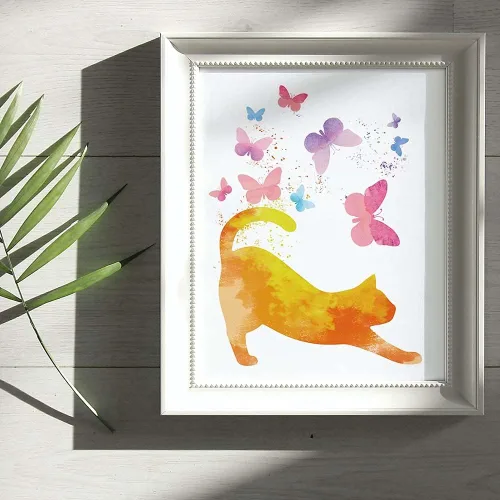 Vista 3 de Póster artístico de pared de acuarela con diseño de mariposas coloridas, regalos para amantes de los gatos, pintura para habitación de niñas, póster