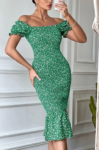 Vista 3 de PRETTYGARDEN - Vestido midi ajustado floral de verano para mujer, vestido de cóctel de sirena con dobladillo con volantes y manga corta abullonada
