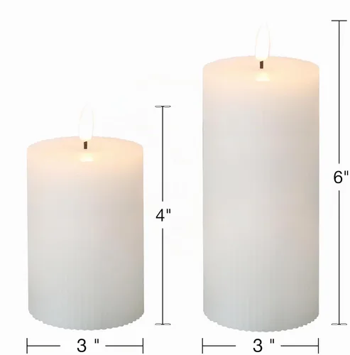 Vista 2 de Velas de pilar sin llama acanaladas blancas con control remoto, velas LED parpadeantes de cera que funcionan con pilas, juego de 2 Blanco