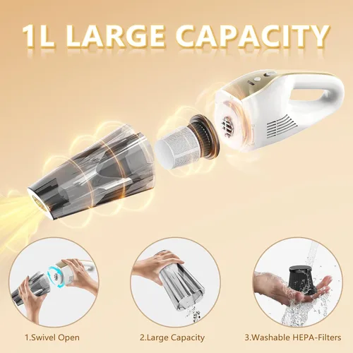 Vista 6 de Aspiradora de mano inalámbrica, 16000 Pa 160 W, aspiradora de coche con pantalla LED, potente aspiradora de mano de 30 minutos, portátil