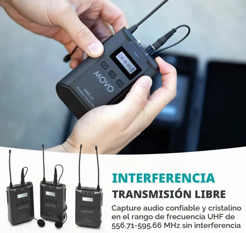 Vista 5 de Movo WMX-20-DUO Sistema de micrófono inalámbrico UHF de 48 canales con 1 receptor, 2 transmisores y 2 micrófonos de solapa compatible con cámaras