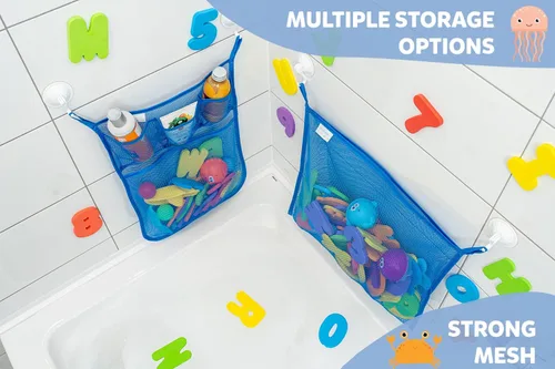Vista 3 de 2 x Mesh, Organizador de juguetes para baño + 6 ganchos fuertes, bolsas de red perfecta para juguetes para la tina, Estas bolsas organizadoras