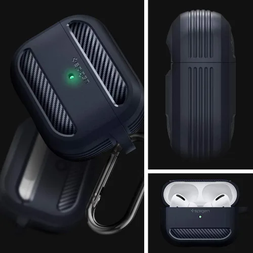Vista 2 de Spigen Rugged Armor - Funda de protección contra caídas con mosquetón diseñada para AirPods Pro (2019), color carbón
