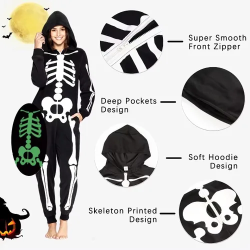 Vista 4 de Disfraces familiares a juego que brillan en la oscuridad para Halloween mono de una pieza con capucha y diseño de esqueleto para adultos y niños