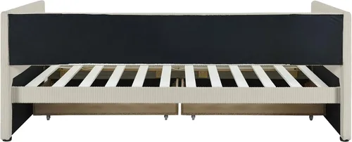 Vista 6 de Sofá cama de pana de tamaño individual con dos cajones, marco de sofá cama de madera maciza con soporte de listones de madera para dormitorio