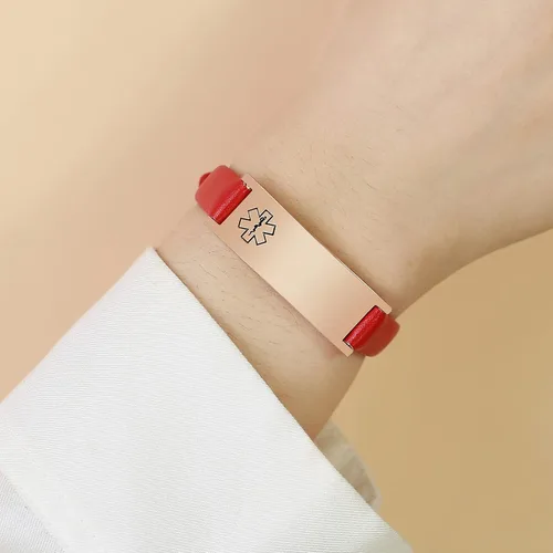 Vista 57 de MPRAINBOW Pulsera de alerta médica personalizada para mujer, correa de reloj de cuero genuino, grabado de doble cara, diabetes, epilepsia, joyería