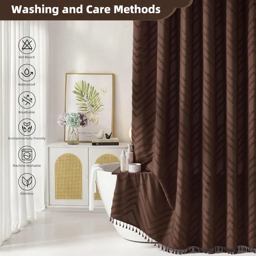 Vista 122 de Cortina de ducha Siiluminisoy de 36x72 beige, cortina de ducha de tela de tamaño pequeño, cortinas de ducha de tela con tufting, diseño chevron a