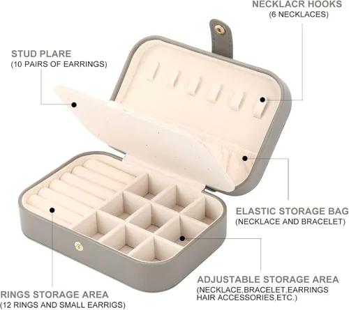 Vista 2 de FEISCON Organizador de joyas, pequeño joyero, mini joyero, estuche de viaje, almacenamiento y organizador portátil de joyería, caja
