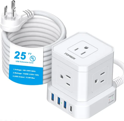Vista 9 de TOPREK Regleta de alimentación con USB, USB C (3.0 A) con 5 tomas, 2 USB-C y 2 USB-A, cable de extensión plano de 5 pies con enchufe plano