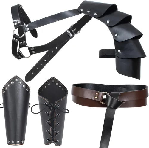 Vista 16 de Cinturón de cuero de caballero medieval para hombre, chal renacentista, capa de medio hombro, bufanda, brazaletes con hebilla, accesorios retro