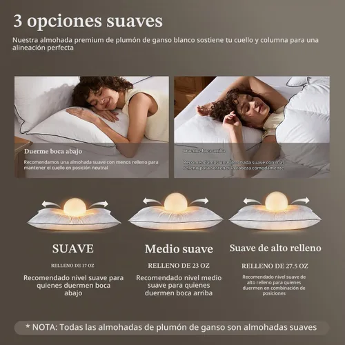 Vista 4 de Pacific Coast Almohada de plumón de ganso blanco para dormir, tamaño medio