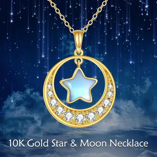 Vista 6 de KECHO Collar con dije de luna de oro de 14 quilates para mujer, oro amarillo real, luna creciente y estrella, collar con dije de ópalo de estrella
