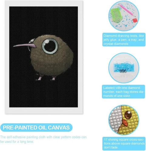 Vista 3 de Kit de pintura de diamante con diseño de pájaro kiwi gordo lindo y cuadrado completo, manualidades para decoración de pared del hogar