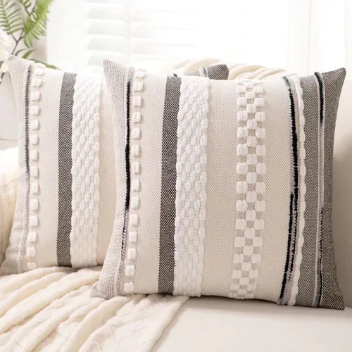 Vista 13 de Fundas de almohada decorativas estilo bohemio de 18x18, juego de 2, para sofá, cama, fundas de cojín cuadradas a rayas para granja, fundas