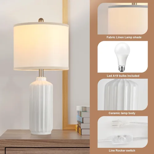 Vista 6 de Lámpara para Sala de Estar Dormitorio Lámparas de Mesa Estilo Granja Juego de 2 Lámparas de Mesa de Cerámica con Rayas Verticales, Pantalla de Lino
