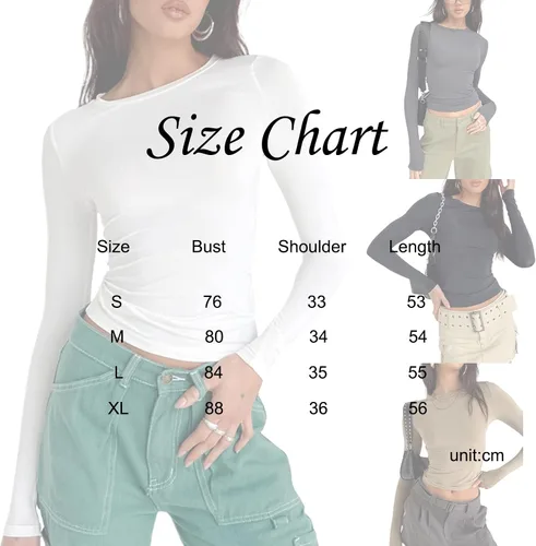 Vista 6 de Blusa corta básica casual para mujer, ajustada, manga larga, cuello redondo, color sólido, para otoño, camiseta ajustada Albaricoque