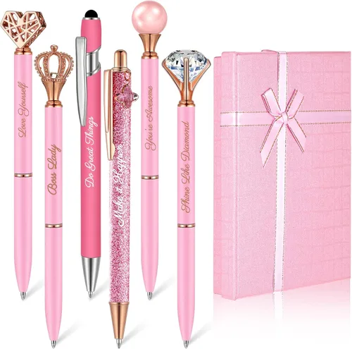 Vista 10 de Qeeenar 6 bolígrafos elegantes para mujer, bolígrafo de diamantes de cristal para diario, bonito bolígrafo con purpurina con caja, regalos Negro