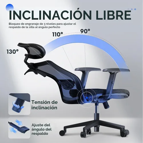 Vista 7 de FLEXISPOT - Silla de oficina ergonómica, sillas de escritorio de malla con respaldo alto y soporte lumbar ajustable, reposacabezas 2D, reclinable