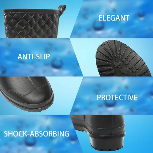 Vista 5 de Petrass Botas de lluvia para mujer, color negro impermeable a media pantorrilla, ligeras, lindo botines de moda para trabajar cómodos zapatos