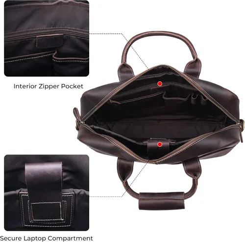 Vista 6 de Maletín de cuero genuino para hombre, maletín de cuero de grano completo de 16 pulgadas, bolsa de mensajero con cremalleras de metal YKK