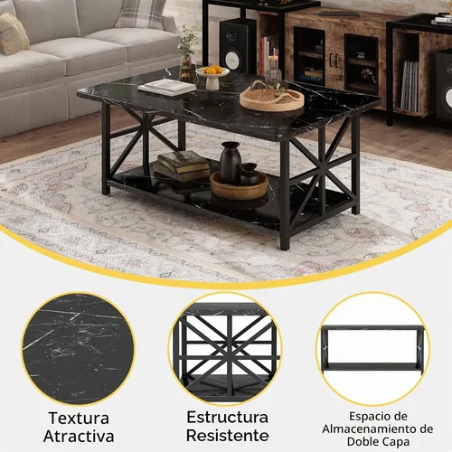 Vista 5 de AWQM Mesa de Centro de Mármol Sintético para Sala de Estar, Mesa de Centro Moderna de 2 Niveles con Almacenamiento, Mesa Central Rectangular
