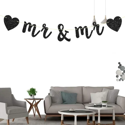 Vista 3 de Cartel de Mr&Mr Banner, pareja gay, despedida de soltera, compromiso, decoraciones de fiesta de boda gay, cartel de EnGayged, purpurina negra