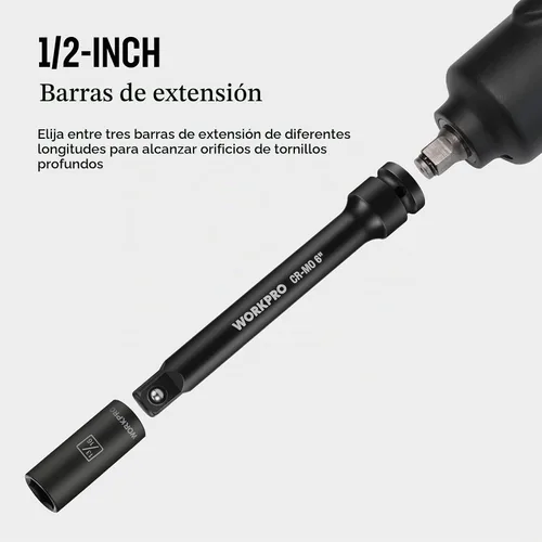 Vista 5 de WORKPRO Juego de barras de extensión de impacto de 1/2 pulgada, 3 piezas - 3, 6, 8 pulgadas de extensión de zócalo, acero CR-MO endurecido y tratado