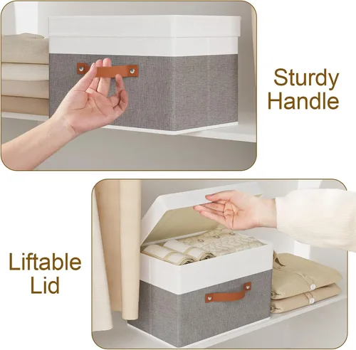 Vista 5 de Contenedor de almacenamiento de tela, cesta de almacenamiento con tapas, caja organizadora de armario con asas para zapatos, libros, toallas, blanco