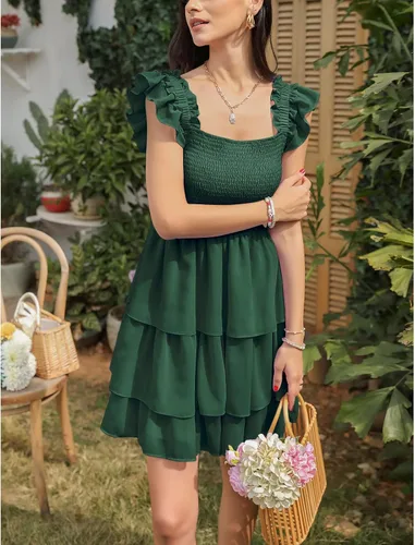 Vista 7 de Byinns Vestido corto sin mangas con cuello cuadrado para mujer, cintura alta, espalda descubierta, escalonado, con tirantes fruncidos, estilo casual