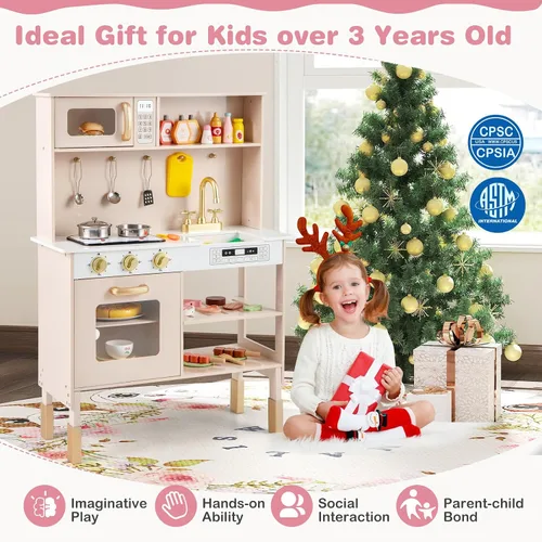 Vista 5 de Costzon Cocina de Juego para Niños, Juego de Cocina Ajustable en Altura con Luces y Sonidos Reales, Microondas, Horno, Estufas, Fregadero y Grifo